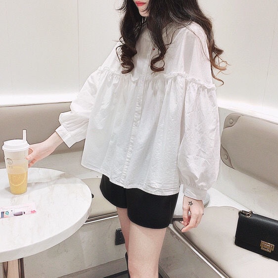 Áo sơ mi trắng cổ đứng tay dài dáng rộng phối ren thời trang mùa thu phong cách Hàn Quốc cho nữ