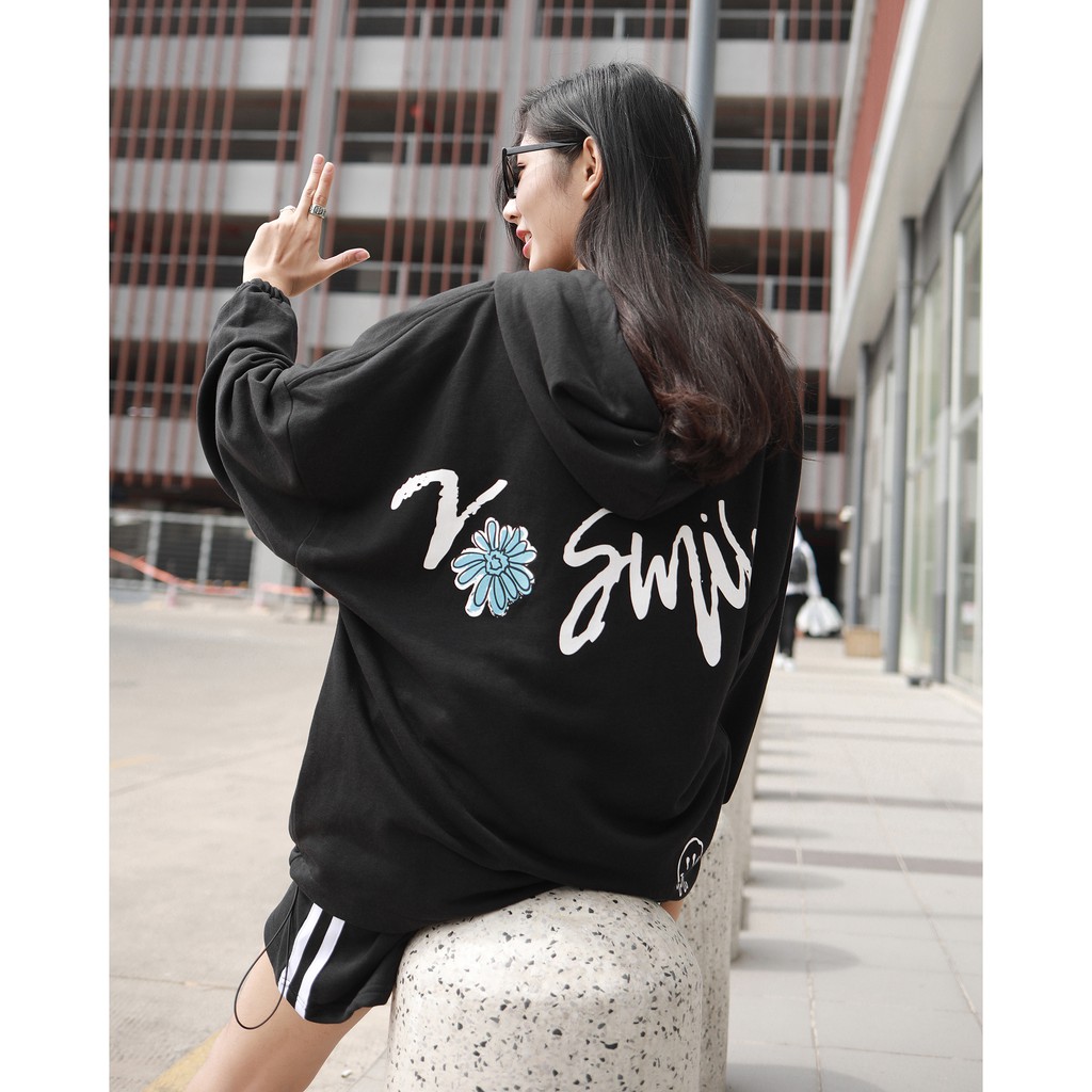 Áo Hoodie No Smile - Phía Trước Và Sau In Hình Sắc Nét - Chất Vải Nỉ Da Cá - Form Oversized Rộng Thoải Mái - Màu Đen