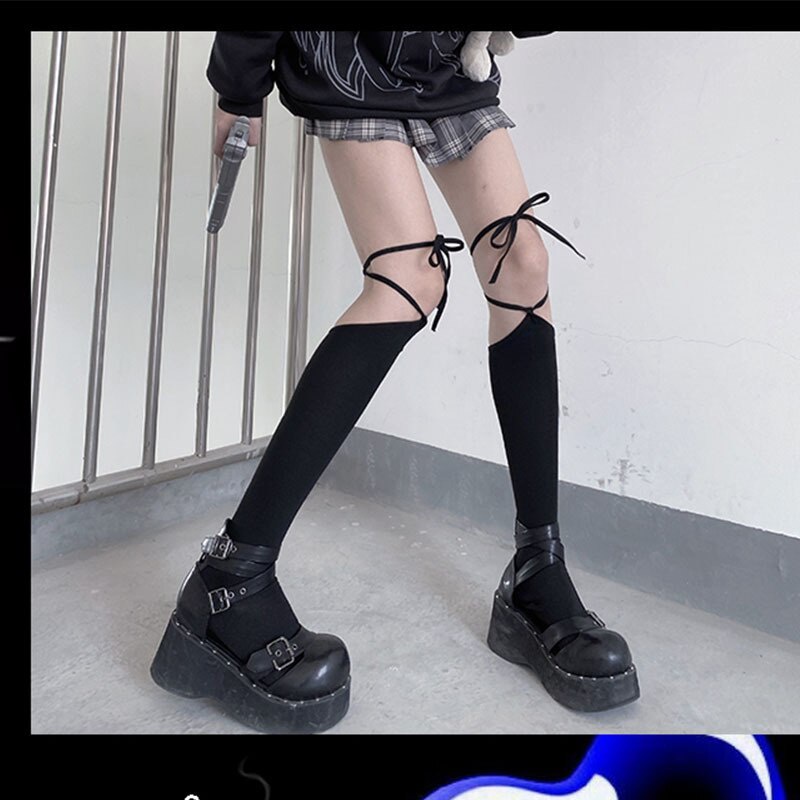 Japanese Cross Straps Knee High Socks Female Stockings Lolita Kawaii Cotton Bottoming Thigh High Socks Harajuku носки женские
