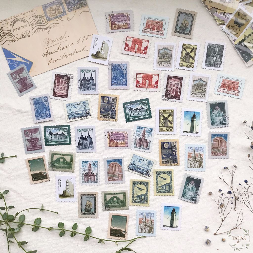 Set 46 sticker tem vintage hoa lá, butterfly, chuồn chuồn retro và phong cảnh màu sắc trang trí bì thư cổ điển