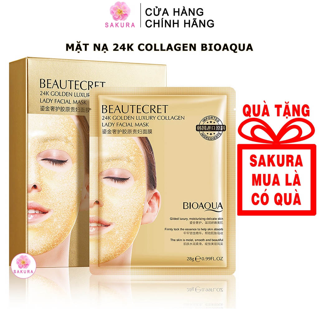 Mặt Nạ Vàng 24K Collagen Dưỡng Ẩm Thu Nhỏ Lỗ Cân Lông Cao Cấp Sang Trọng Cho Da Mặt Bioaqua 28Ml Sakura