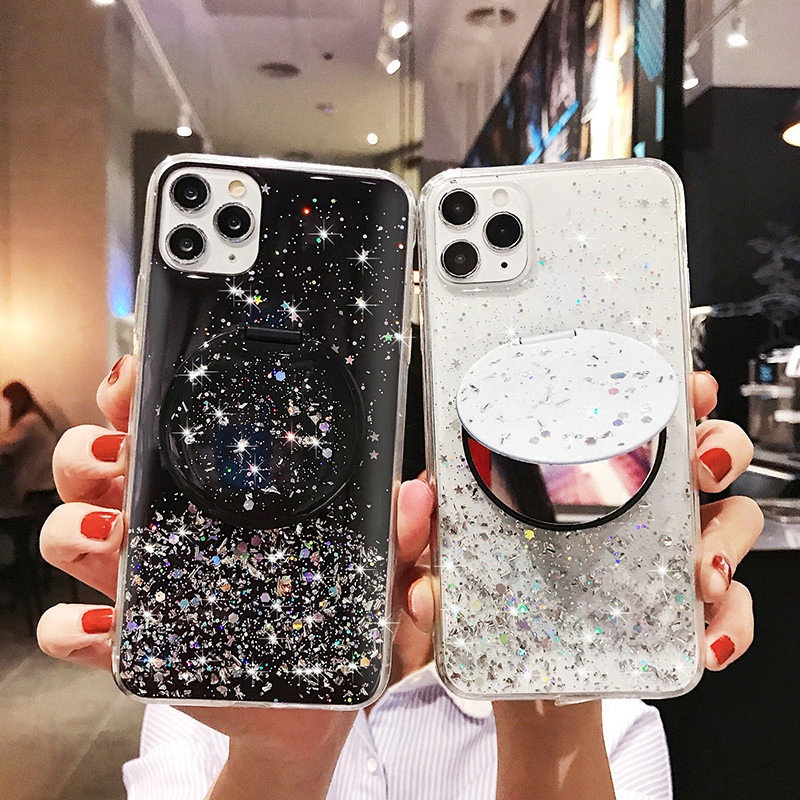 Case iPhone 12 Mini 11 Pro Max 6 6S 7 8 Plus X XR XS XS Max SE 2020 Epoxy Silver Foil Glitter Phone Case With a round mirror