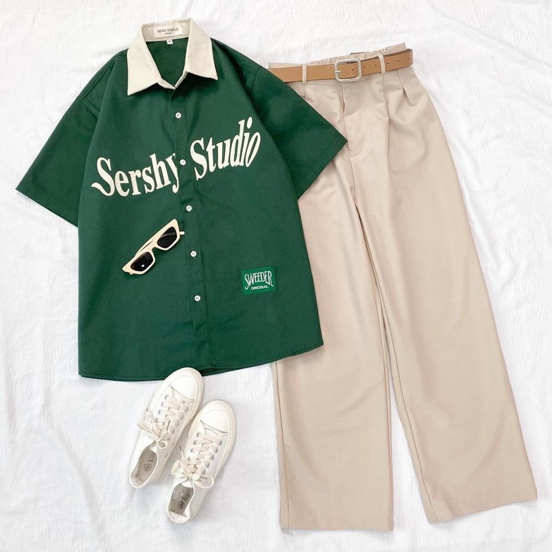Sơmi tay lỡ SERSHY màu XANH LÁ/KEM Nam nữ unisex  Áo Sơ Mi form rộng style Ulzzang/ JayStoree2