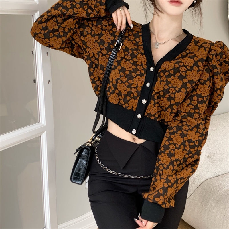 IELGY  Ielgy Áo Cổ Chữ V In Hình Hoa Hồng Tương Phản Kiểu Pháp Cổ Điển Cho Nữ