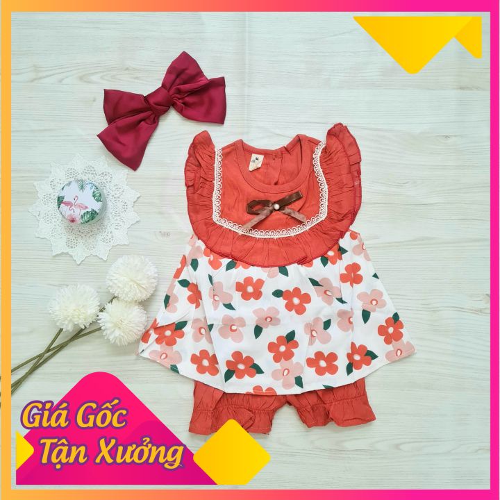 Quần áo bé gái, Set Bộ Hoa Đính Nơ Nhỏ Chất Đũi Cho Bé Gái