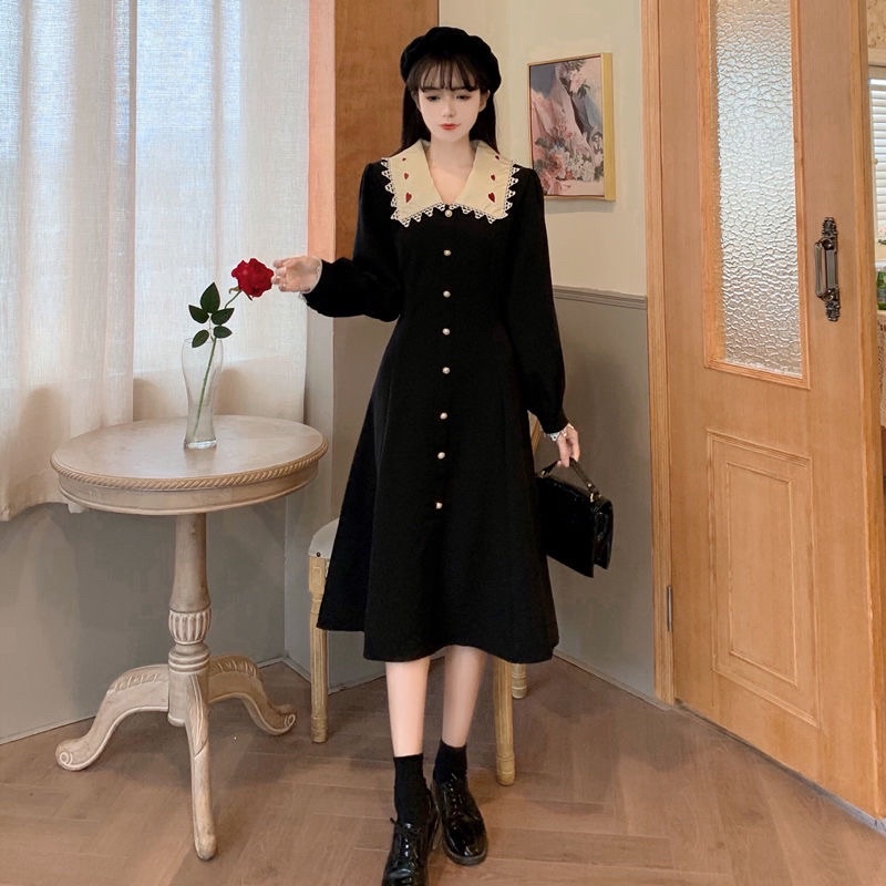 Đầm cổ búp bê nữ phong cách Retro Pháp thanh lịch hợp mùa xuân thu