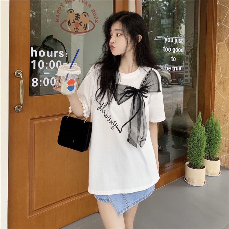 Students feel foreign style bow tie short-sleeved t-shirt girls summer wear personality care machine age-reducing half-sleeved shirt ins trend