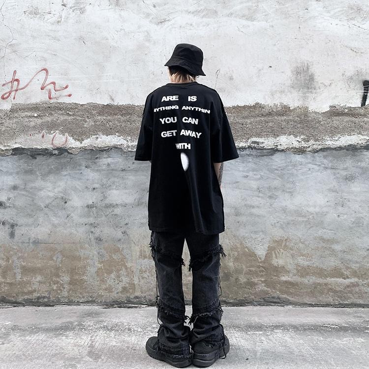 Ông. Áo Thun Đen Tay Lỡ Dáng Rộng Họa Tiết Graffiti Phong Cách Đường Phố Cho Nam