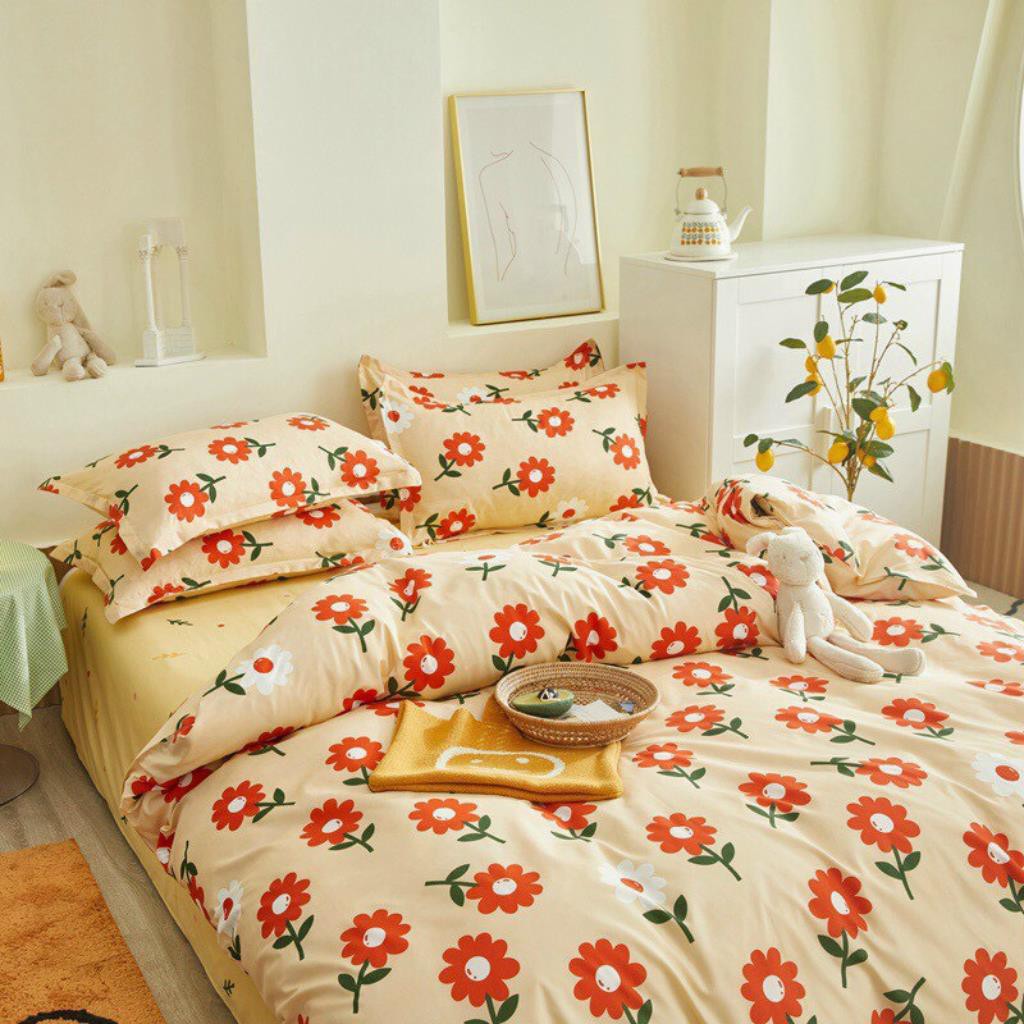 Bộ chăn ga gối drap giường chất cotton poly họa tiết hướng dương cam