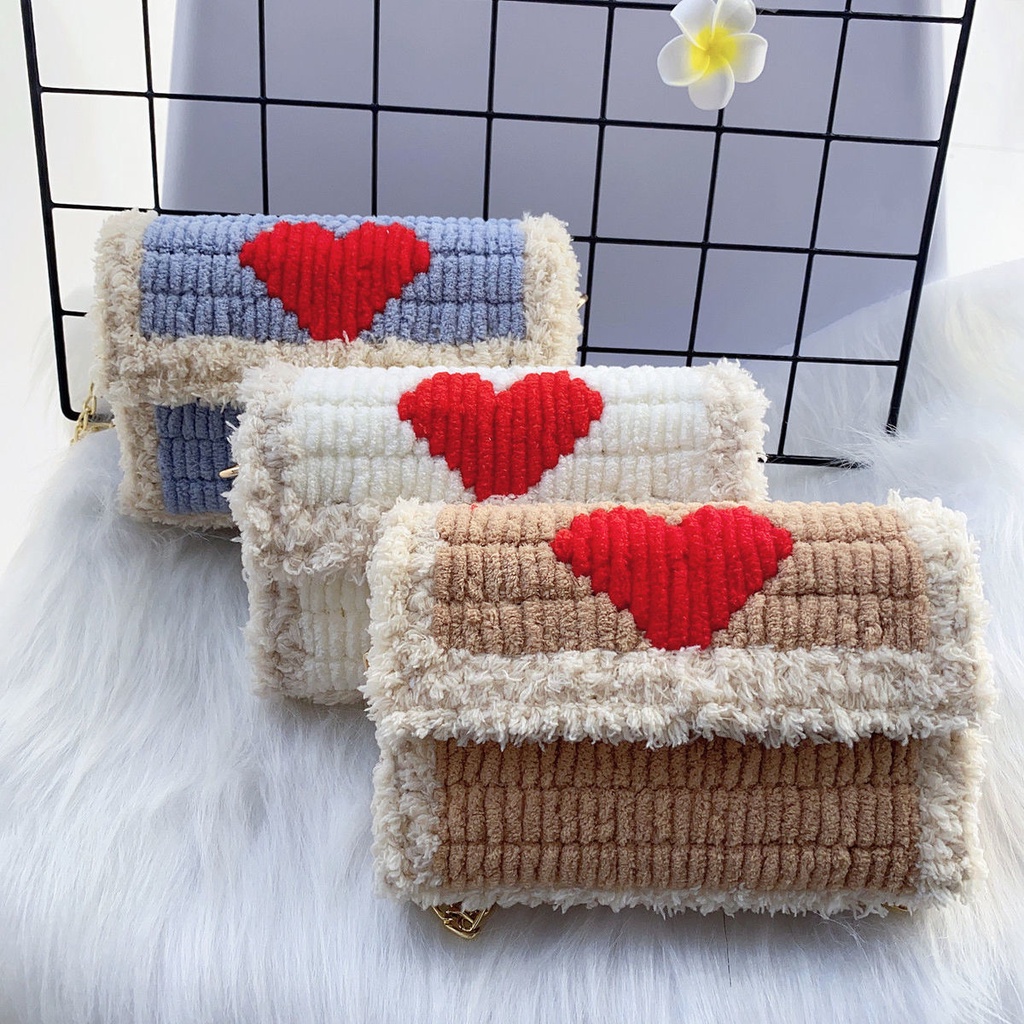 Túi tự đan handmade phối trái tim đỏ, túi đeo chéo dễ thương cá tính - Bộ phụ kiện đầy đủ LX602