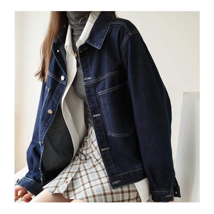Áo khoác denim dáng rộng ngắn màu xanh đậm phong cách Hong Kong thời trang xuân thu cho nữ