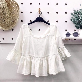 Áo babydoll trắng tay loe kèm ảnh thật
