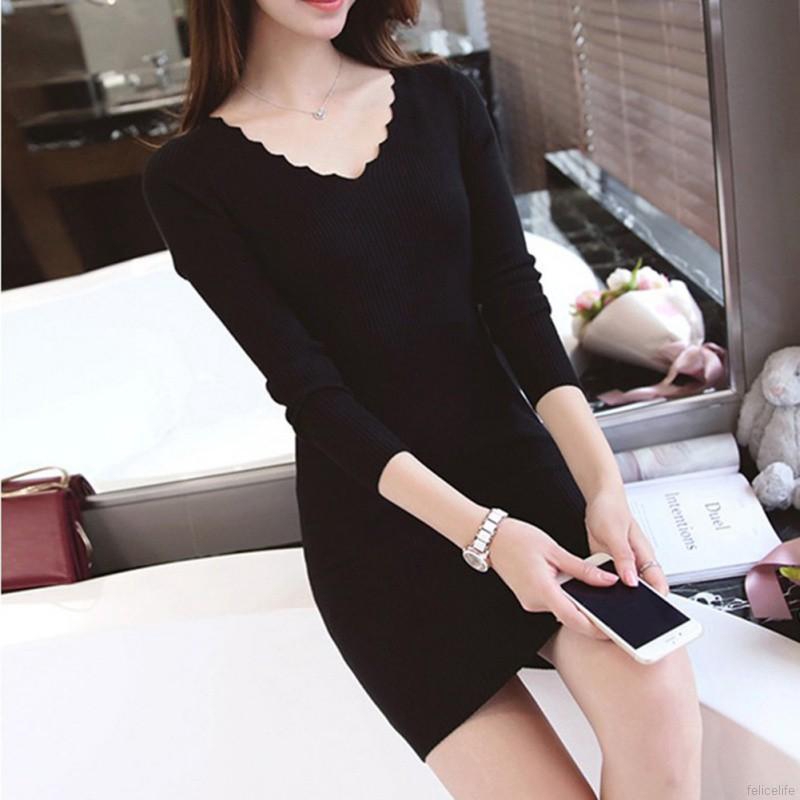 Đầm len tay dài cổ chữ V thanh lịch quyến rũ | BigBuy360 - bigbuy360.vn
