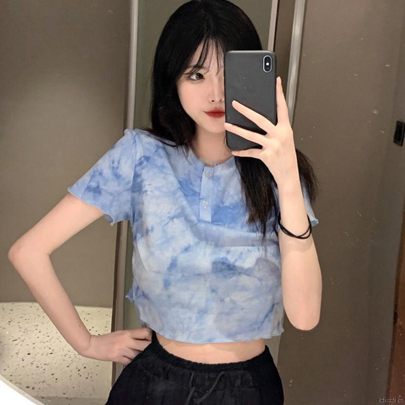 Áo Lửng Tay Ngắn Phối Màu Nhuộm Độc Đáo Trang Trí Dây Rút Bên Hông Cho Nữ