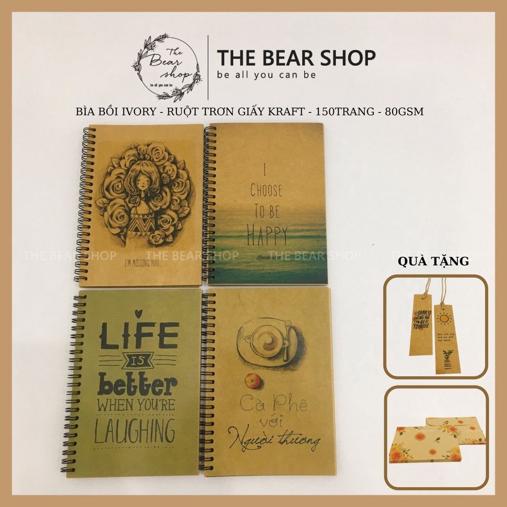 Sổ tay ghi chép, sổ lưu bút handmade vintage - khổ A5 bìa bồi ivory giấy kraft - The Bear Shop