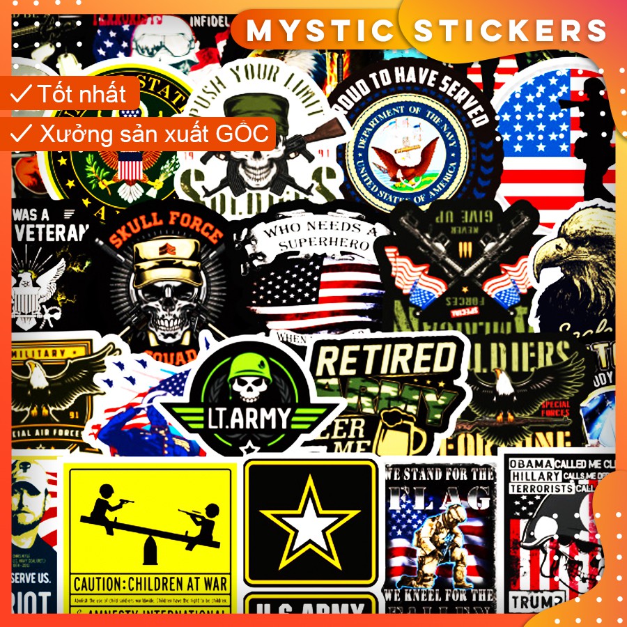 [US ARMY] 50 Sticker chống nước/ trang trí, set mix ,dán xe laptop mũ bảo hiểm vali...