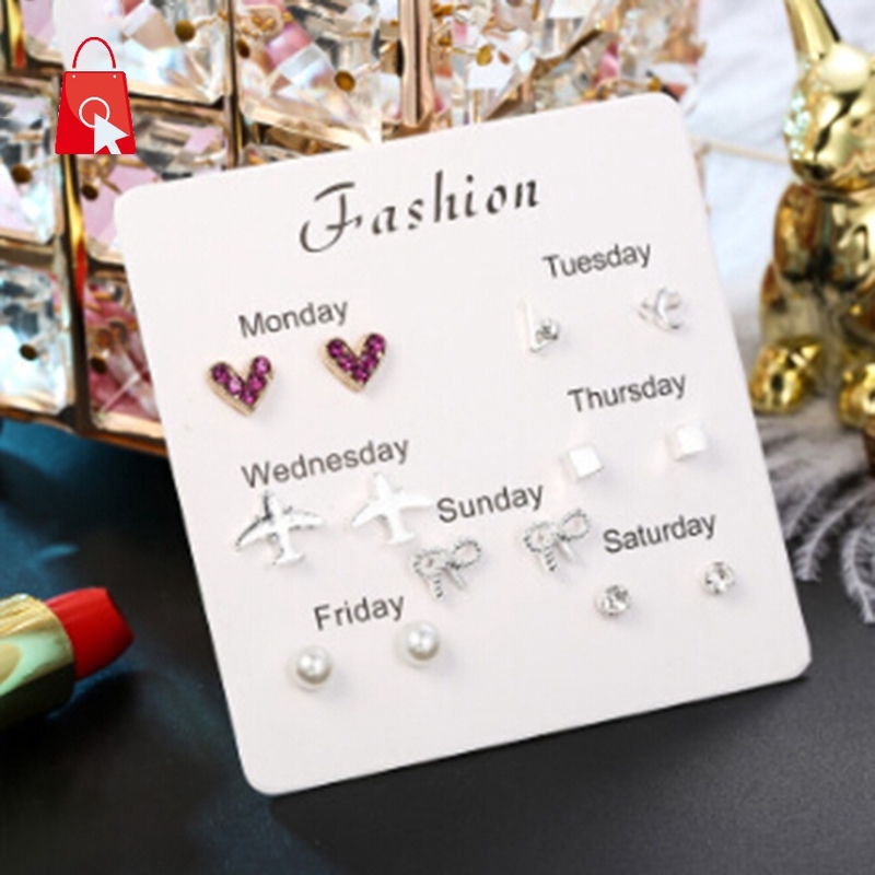 Bộ 7 đôi khuyên tai đính đá cổ điển thời trang