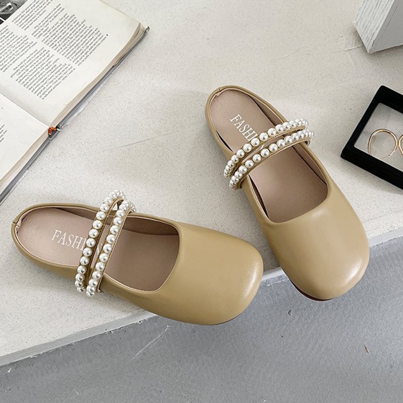 Dép bít mũi IELGY đế bằng đính ngọc trai giả màu trơn đơn giản thời trang cho nữ