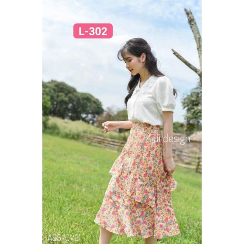 [ FREESHIP 50K ] - Set áo sơ mi trắng  chân váy xòe xếp ly hoa nhí