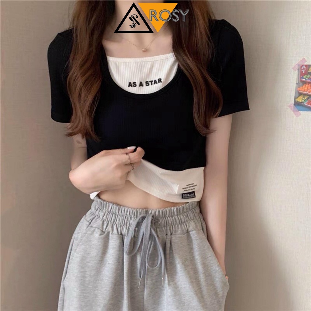 Áo croptop phối kiểu trơn cổ tròn free size dưới 55kg vừa