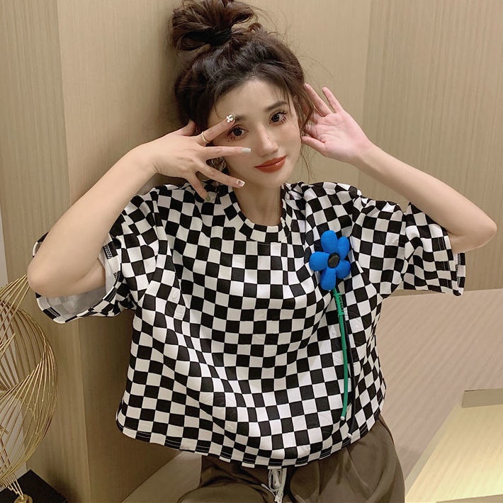 Áo Thun Tay Ngắn Họa Tiết Ô Vuông Thời Trang Hàn Quốc