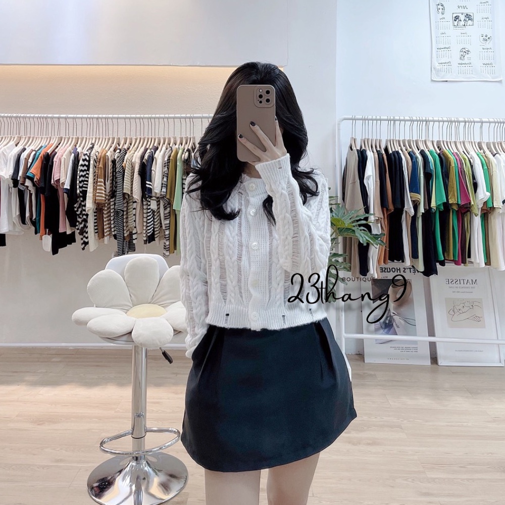 Áo len nữ áo khoác len nữ dài tay cổ tròn khuy trước cardigan màu đen màu trắng phong cách hàn quốc ulzzang 23thang9