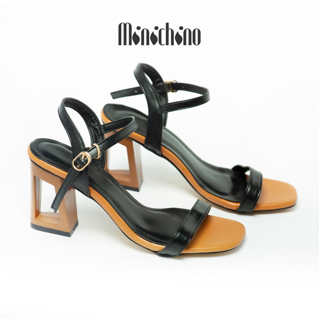 Giày sandal nữ gót cao 7cm MINICHINO đế khoét lỗ hở mũi, phối dây thời trang màu đen TC044