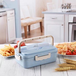 Hộp cơm văn phòng lúa mạch có quai xách tặng kèm đũa thìa inox dung tích 1000ml sử dụng được lò vi sóng