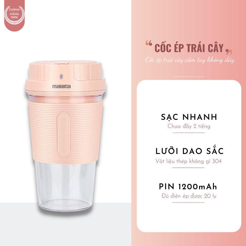 Máy Xay Sinh Tố Mini Cầm Tay Malata 220ML Lưỡi Dao Thép 4 Cánh Không Gỉ, Đa Năng Tiện Dụng, Có Sạc Pin USB Bảo Hành 12 T