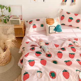 Set chăn ga gối cotton chăn hè viền bèo dâu tây