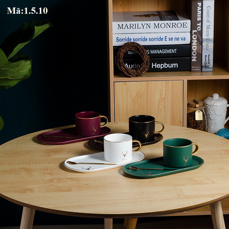 [CÓ SẴN] Set tách cà phê in hình hươu phong cách Châu Âu sang trọng, tách uống trà: 1.5.10