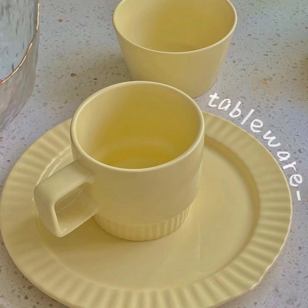 THANH LÍ Bộ đĩa gốm sứ + bát tô + cốc cà phê bữa sáng kiểu Hàn đơn giản màu vàng kem ấm cúng cao cấp - Minimal Breakfast