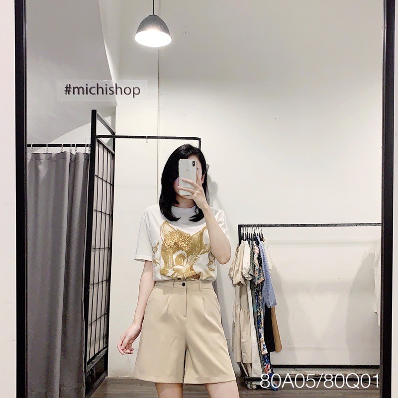Quần short vải ống rộng lưng chun màu đen-be 80Q01