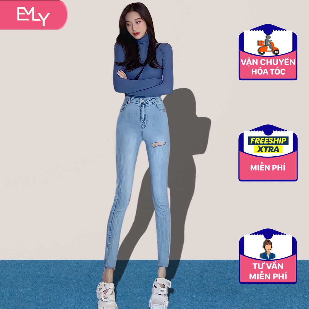 Quần jean nữ dáng ôm cạp cao rách nhẹ Emilyshop ulzzang