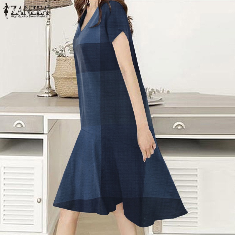 Đầm ngắn ZANZEA cổ chữ V không tay họa tiết caro phong cách vintage giản dị dành cho nữ