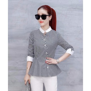 .THỜI TRANG NỮ - Áo Kiểu Sọc Caro Peplum PHỐI TRẮNG