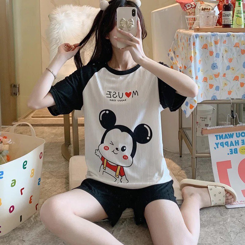 [Sẵn] Đồ bộ bông lanh Quảng Châu, pijama quần ngắn, đồ mặc ở nhà họa tiết hoạt hình dễ thương | BigBuy360 - bigbuy360.vn