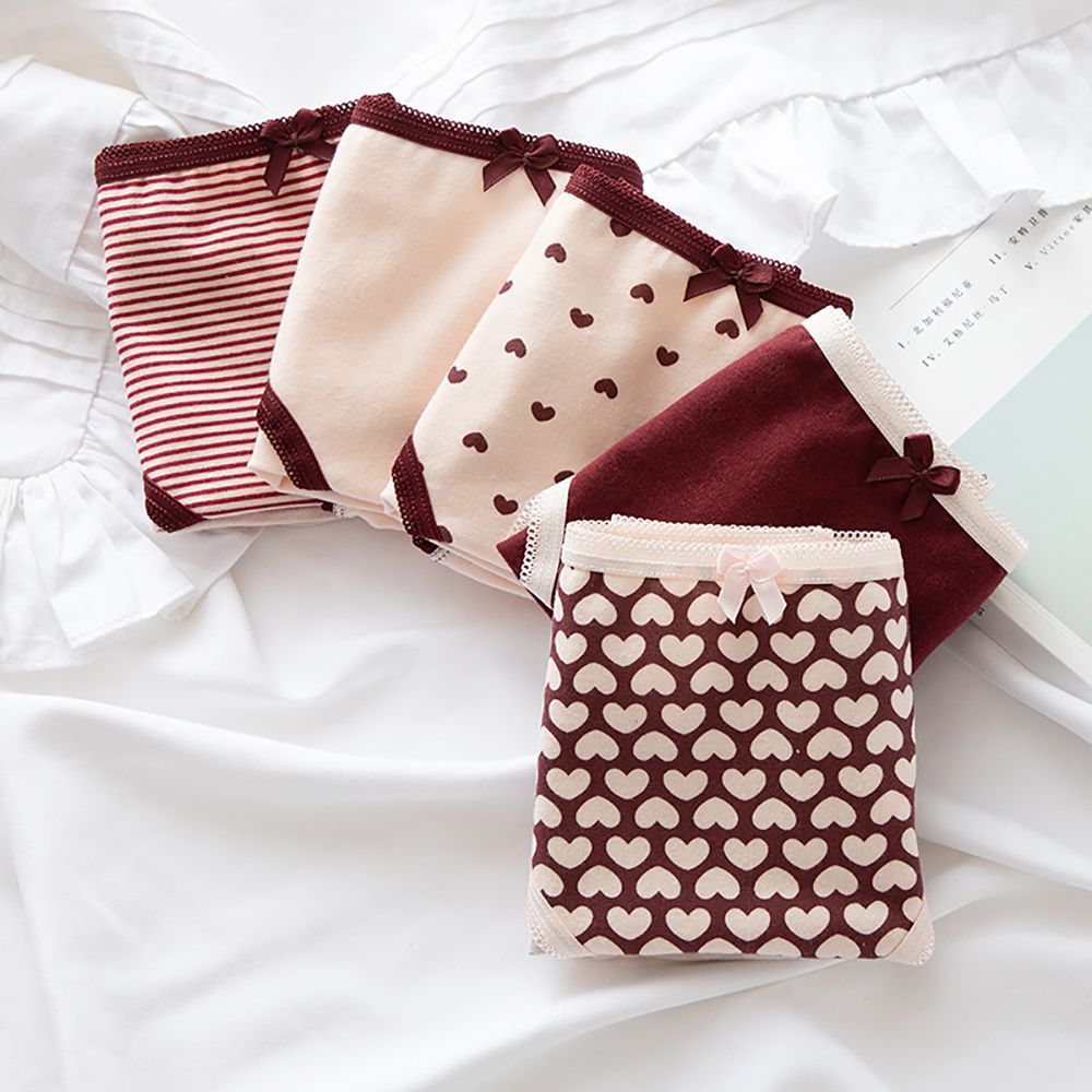Quần Lót Cotton Thoáng Khí Lưng Vừa Đính Nơ Màu Đỏ Rượu Vang Dễ Thương Cho Nữ