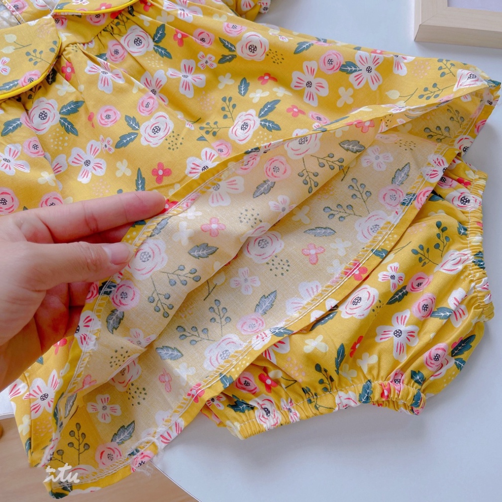 Bộ cộc tay bé gái, Bộ hoa nhí quần chip viền vàng bé gái