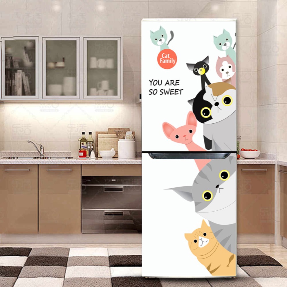 Decal dán lên tủ lạnh mèo siêu xinh xắn - tấm dán Cửa Tủ Lạnh chống hút cao cấp
