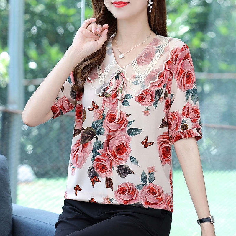 Áo Thun Tay Ngắn In Hoa Thời Trang Mùa Hè Dành Cho Phụ Nữ Trung Niên