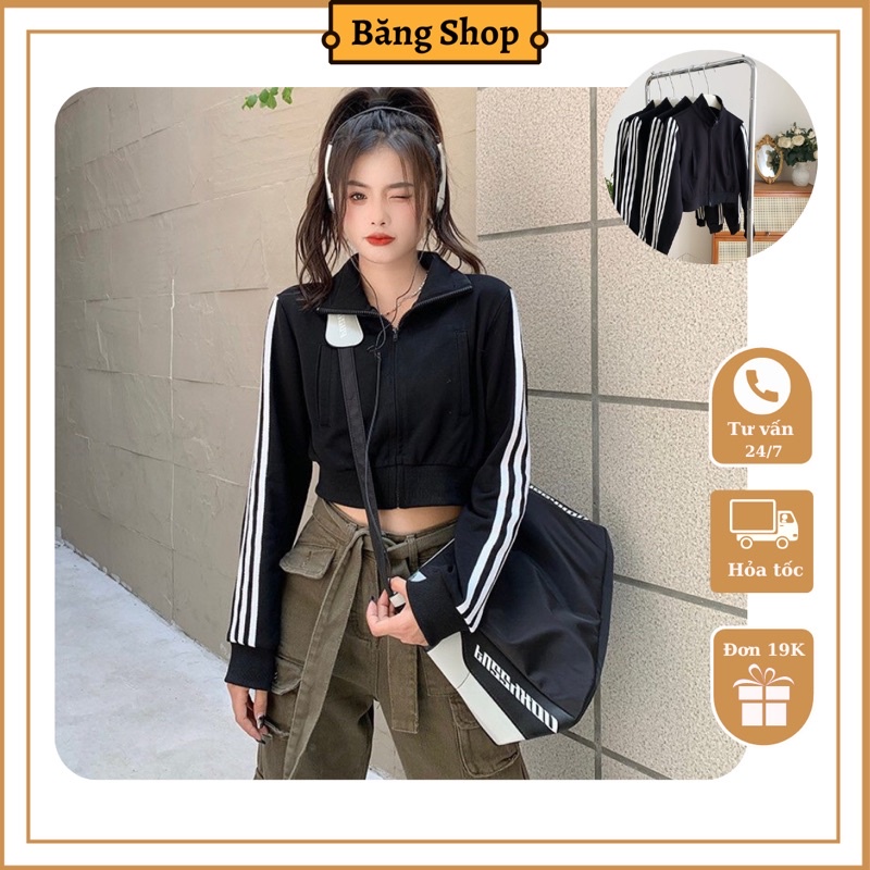 Áo nỉ croptop ba sọc thể thao, áo nỉ mặc thu đông, áo khoác mỏng < 55kg