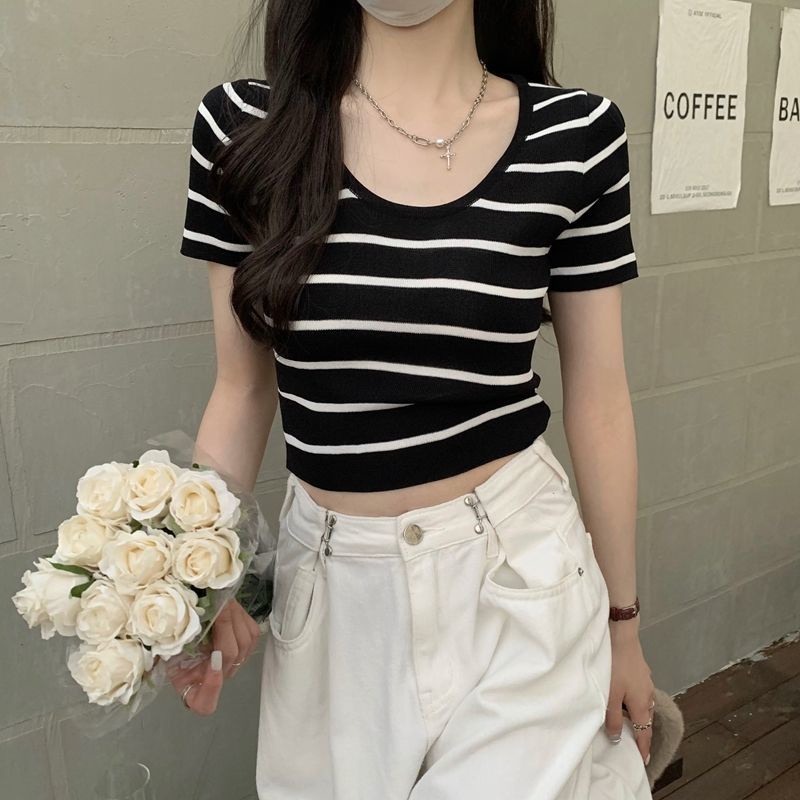 Jiashucheng Áo Thun Ngắn Tay Họa Tiết Kẻ Sọc Phong Cách Mới Cho Nữ