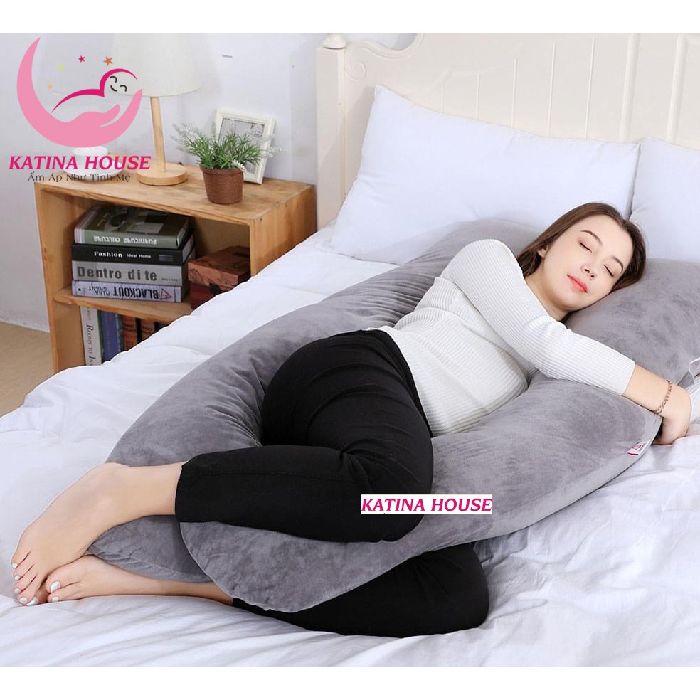 Gối ôm bà bầu hình chữ U, vải cotton satin Hàn Quốc cao cấp mềm êm, giúp nâng đỡ bụng giảm đau lưng, đau hông