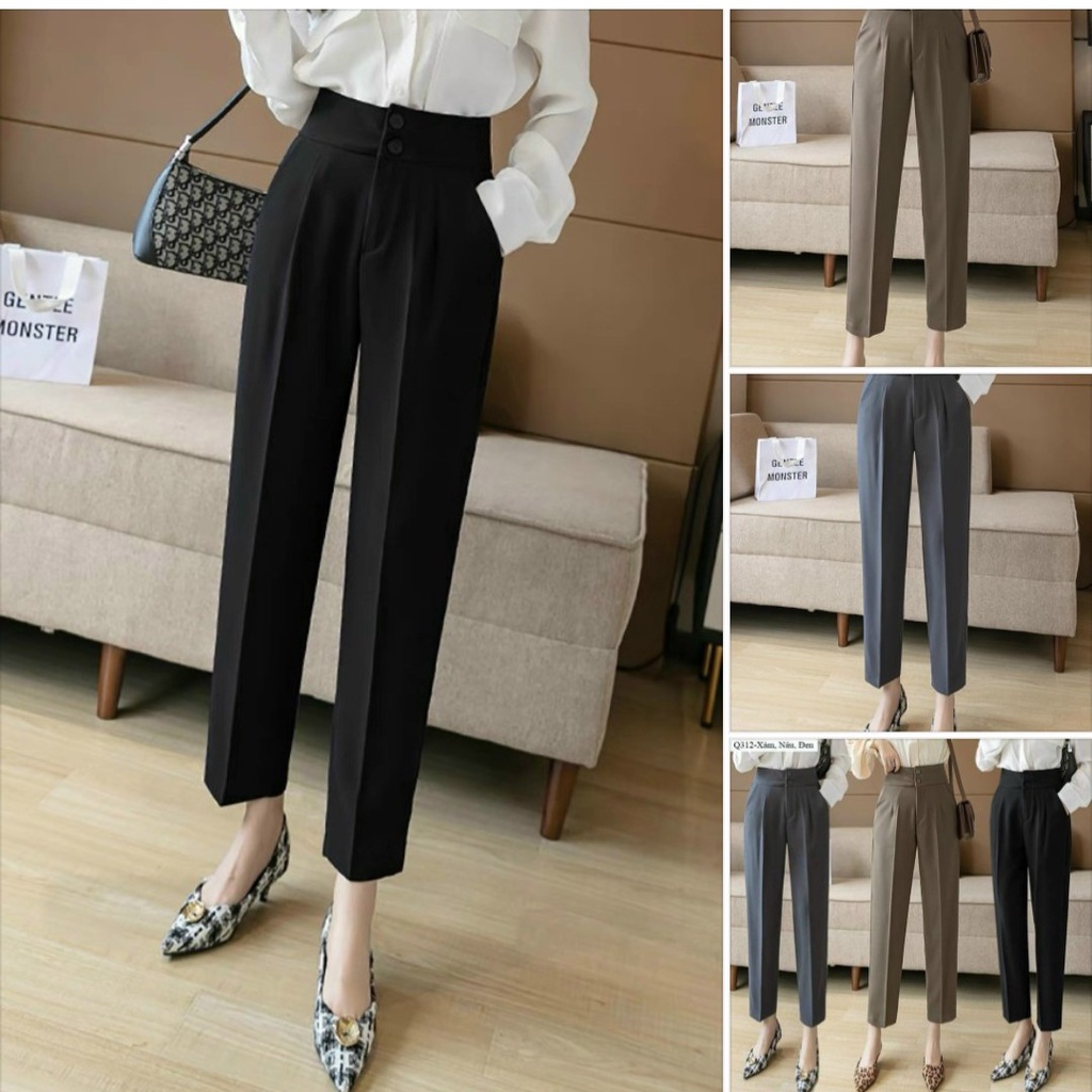 Quần baggy vải nữ chất đep hàng chần cạp cao khóa trước có 2 khuy tạo dáng eo thon gọn