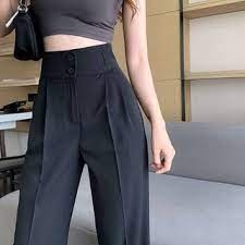 Quần nữ ống rộng suông lưng cao hai cúc khóa trước vải tuyết mưa