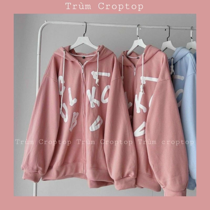 Áo Khoác Hoddie Dây Kéo In Hình Chữ Cái 2 Màu Xanh Hồng Form Rộng Ulzzang