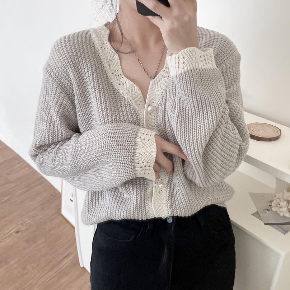 Áo khoác cardigan dệt kim tay dài cổ chữ V phối hàng nút thời trang cá tính 45439