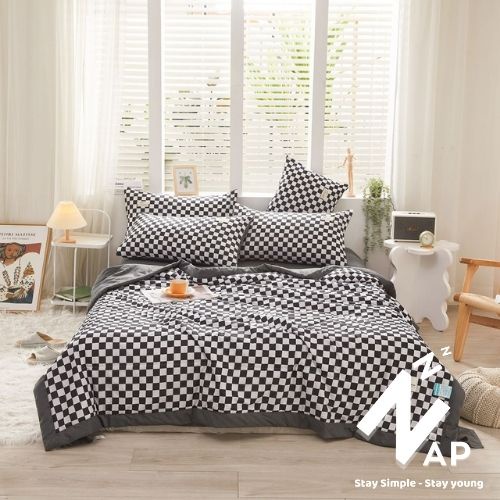 Bộ Chăn Ga Gối Cotton Tici Size m6 m8 2m Napbedding Set 4 món Basic Caro Kẻ Vintage Thoáng Mềm