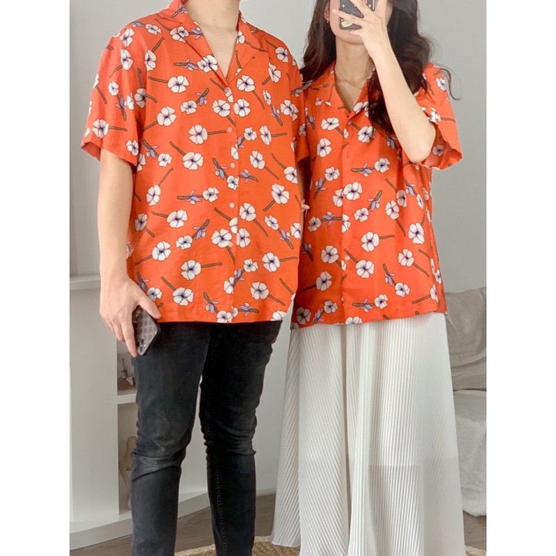 Áo sơ mi nam nữ họa tiết hoa ngắn tay cổ bẻ ETTEE màu cam đủ size kiểu dáng thoải mái A1848